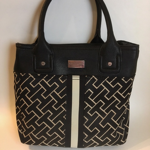 Tommy Hilfiger Handbags - Tommy Hilfiger Purse Black Beige Canvas Fabric Faux Leather Trim Handbag Tote